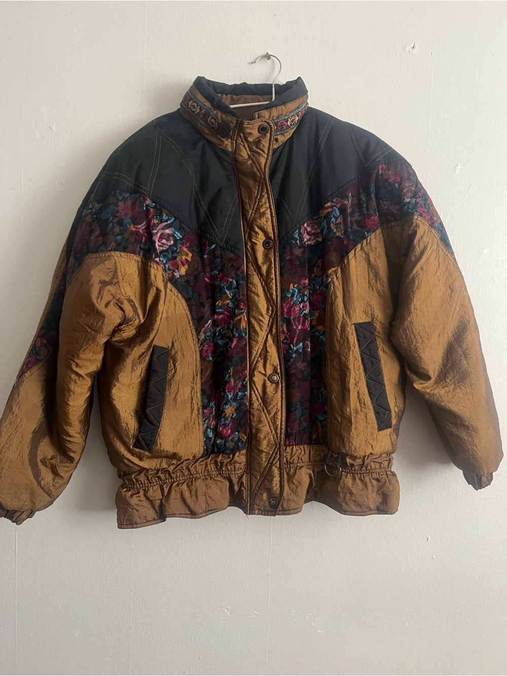 Brown Floral-Panel Puffer Jacket with Contrast Black Yoke